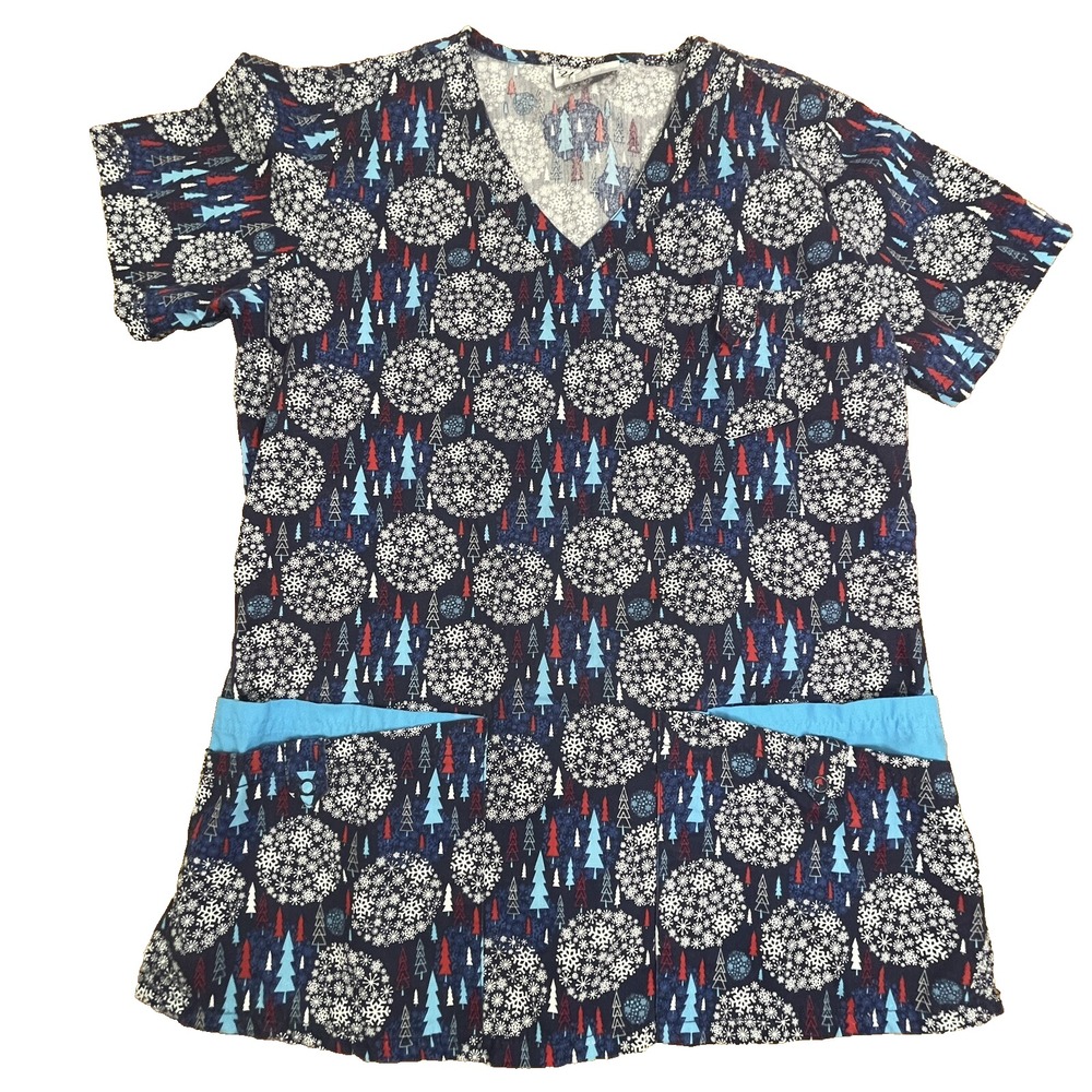 UA Scrubs Winter Holiday Small Christmas Womans M 40" Scrub Top Snowflakes Blue